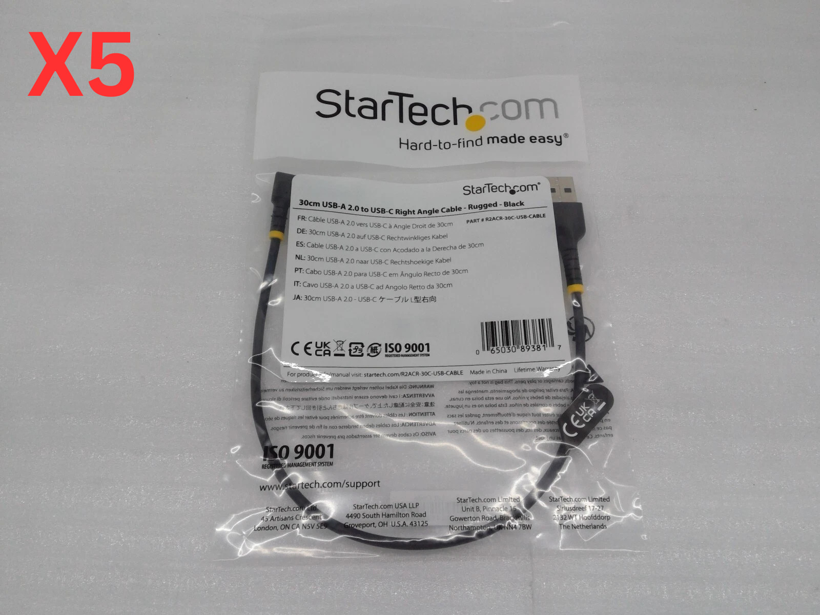 Lot of 5 NEW STARTECH R2ACR-30C 30Cm USB-A To C Charging Cable Right Angle