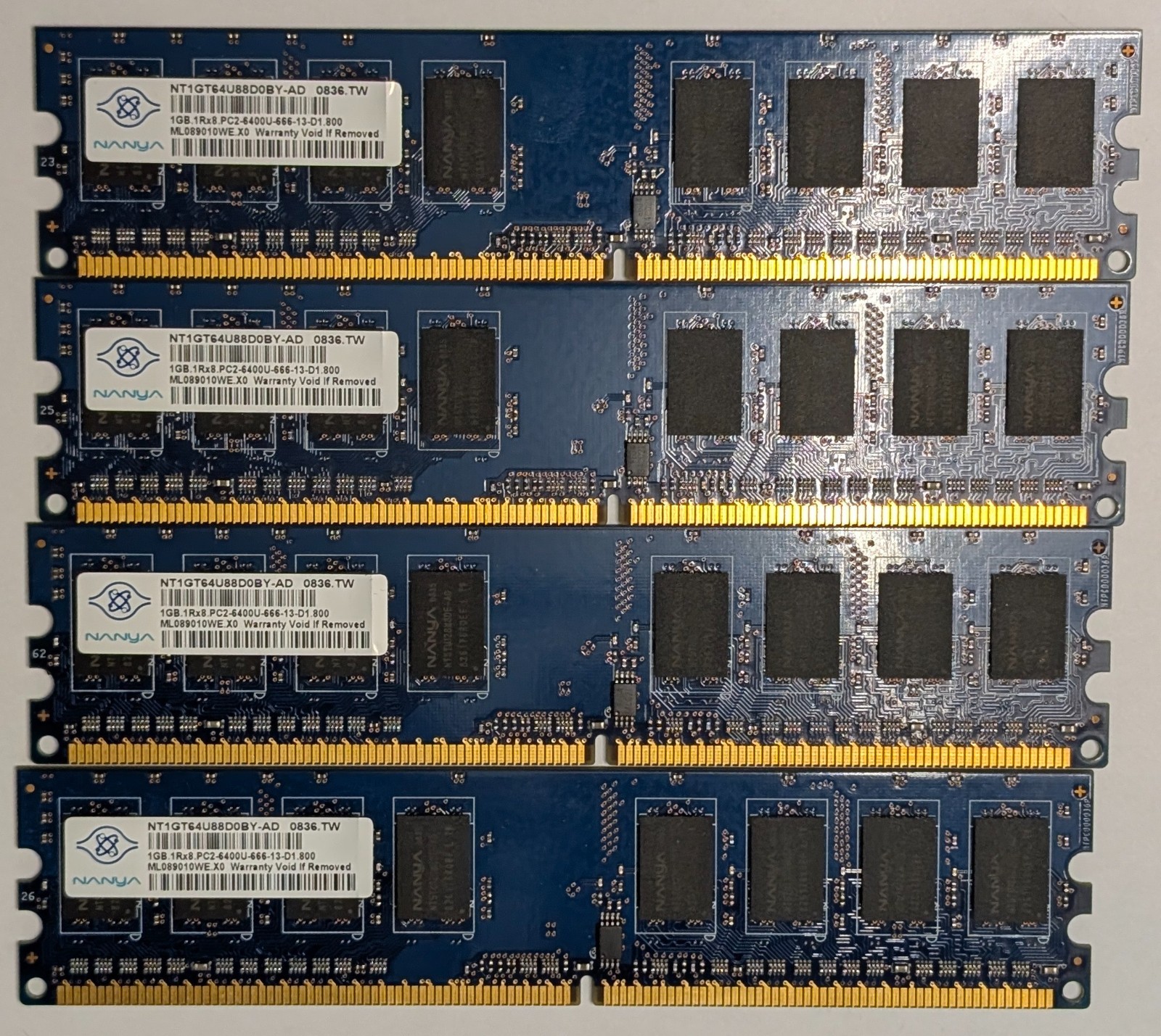 Lot of 4 Nanya 1GB DDR2 800MHz PC2-6400U Desktop RAM Memory 4GB Total Kit DIMM