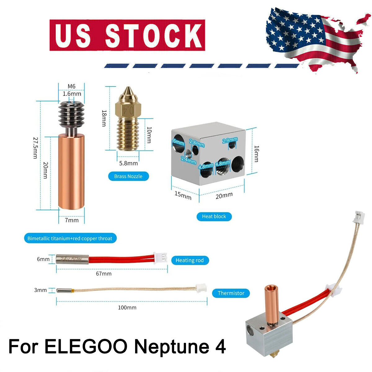 Hotend For ELEGOO Neptune 4 Hot End Extruder Head Kits 3D Printer Parts USA/