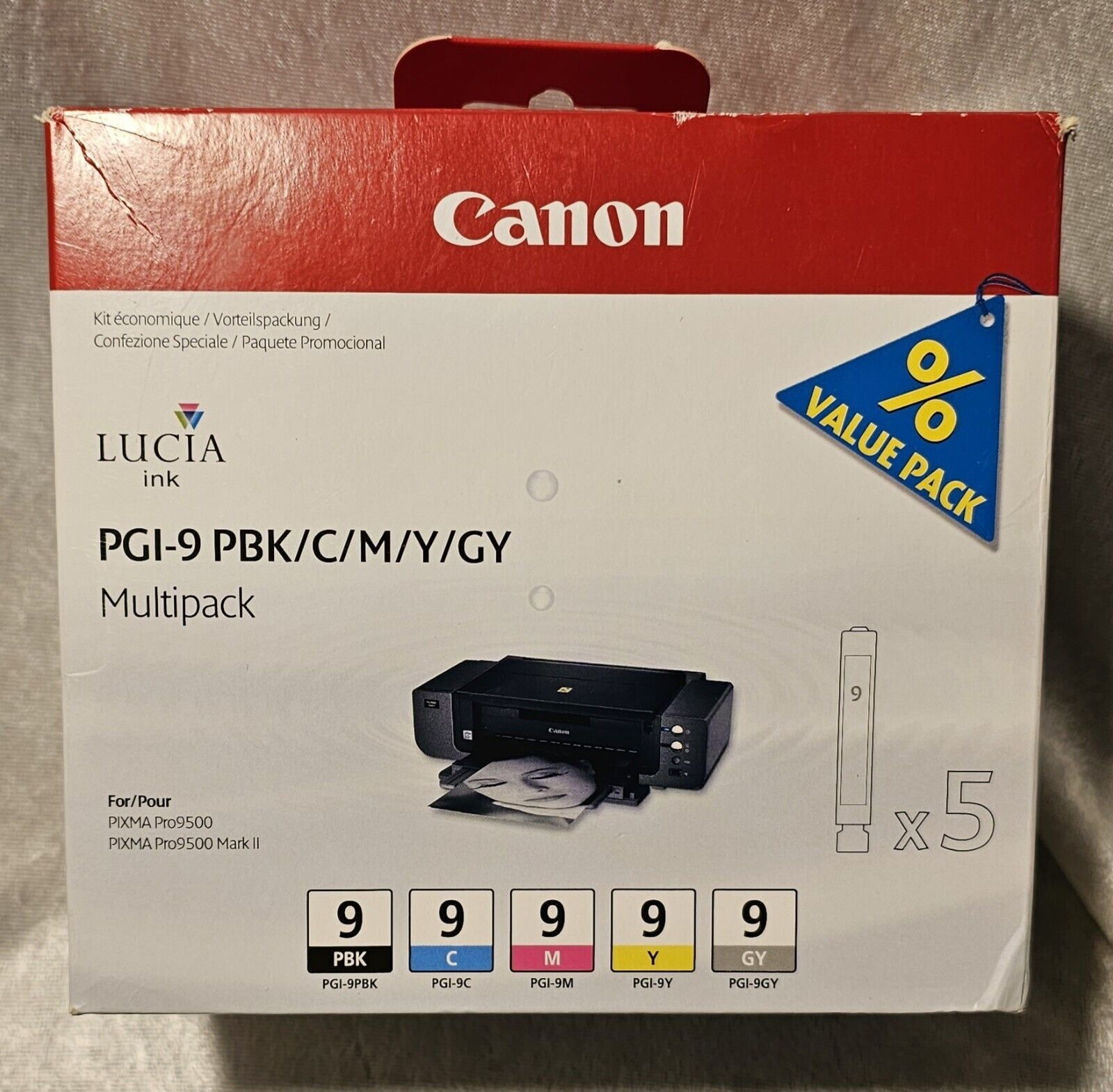 Genuine CANON Pixma Multi Pack Pgi-9/Pbk/C/M/Y/Gy Open Box Sealed PACK NEW