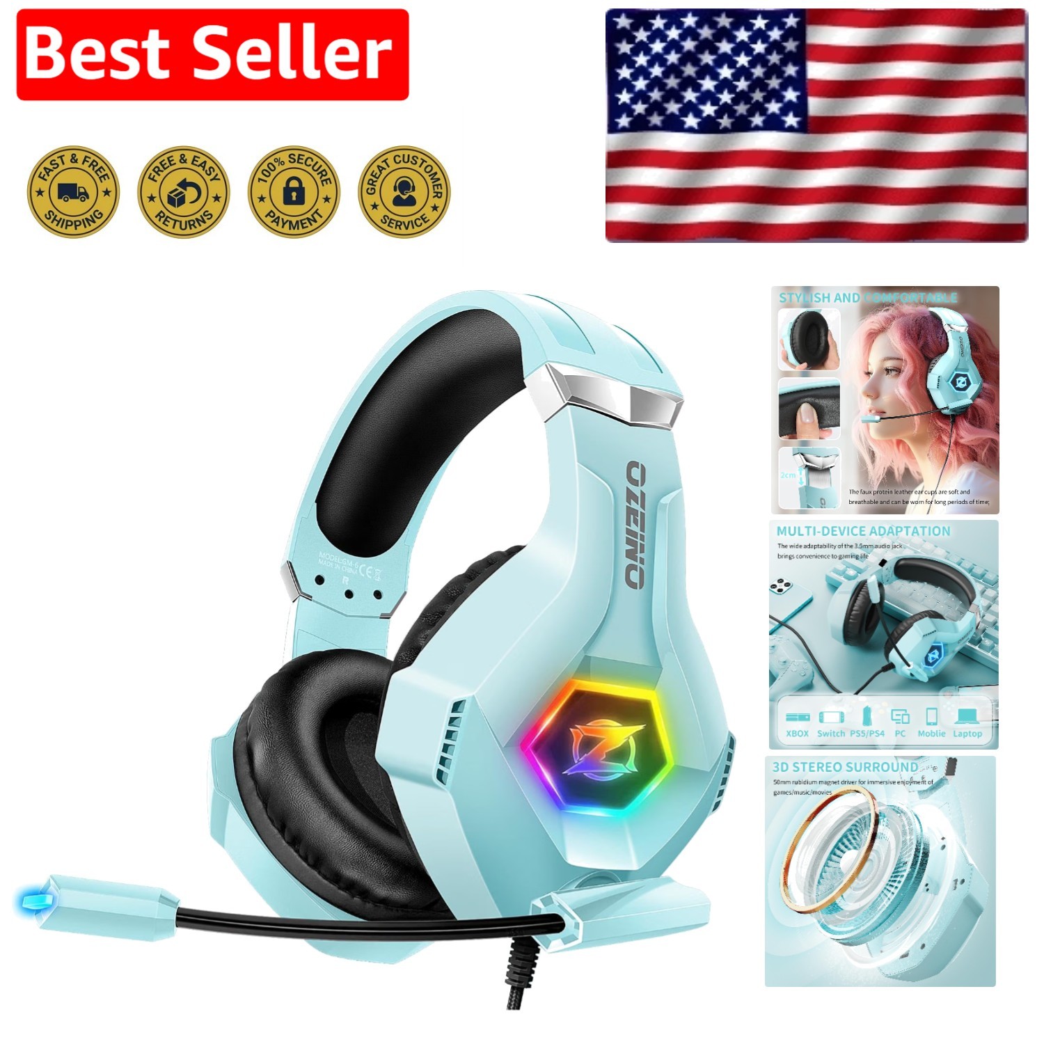 RGB Lighting Gaming Headset with 50mm Drivers & Noise Reduction Mic - Light Blue