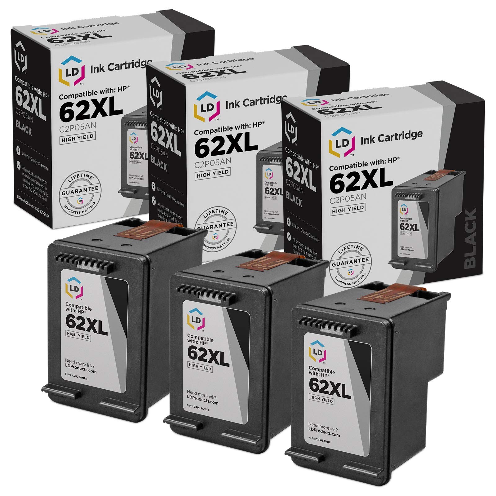 LD Replacement Replacements for HP C2P05AN/62XL 3PK Black Ink Cartridges
