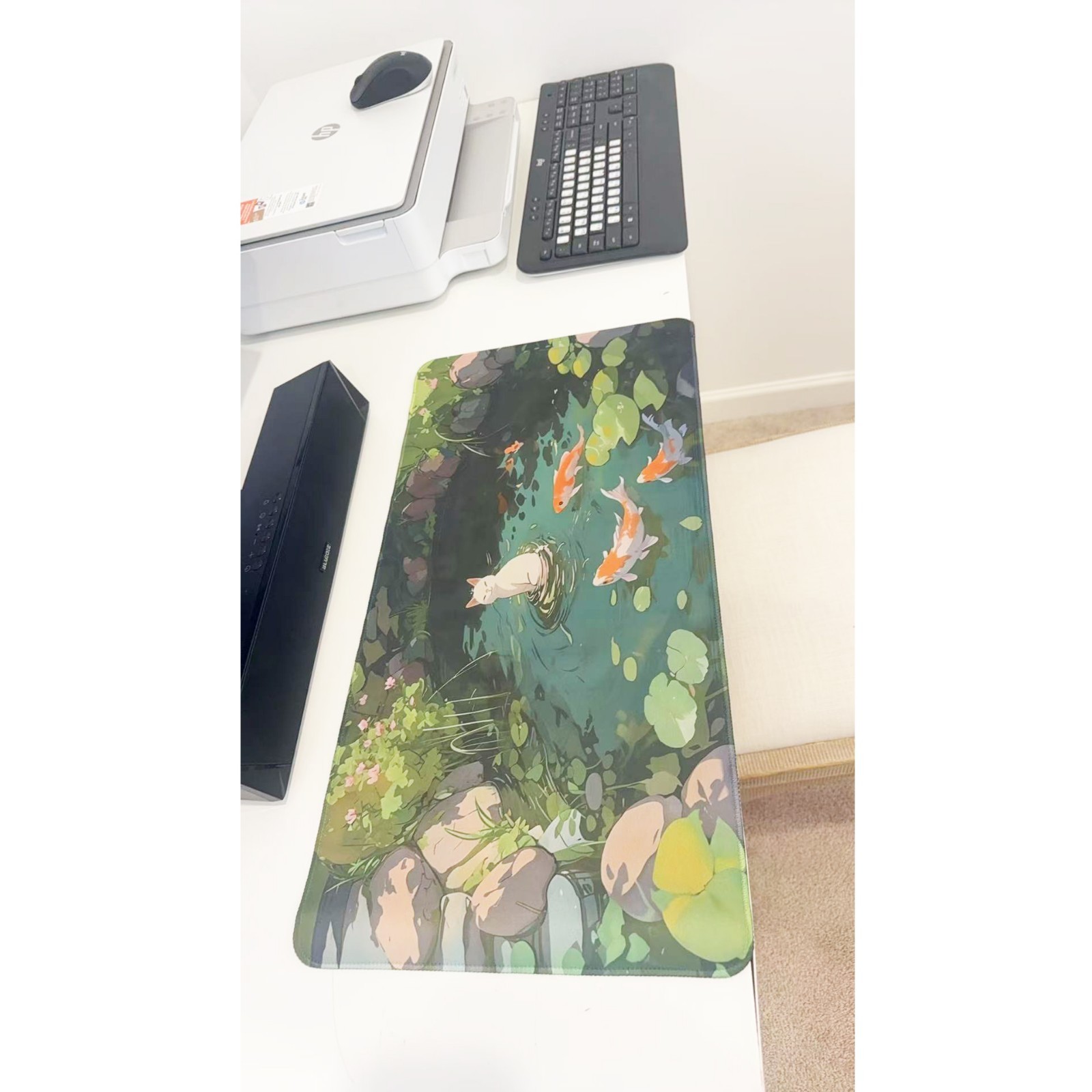 Koi Pond Cat Large Desk Mat, Serene Nature Extended Mouse Pad