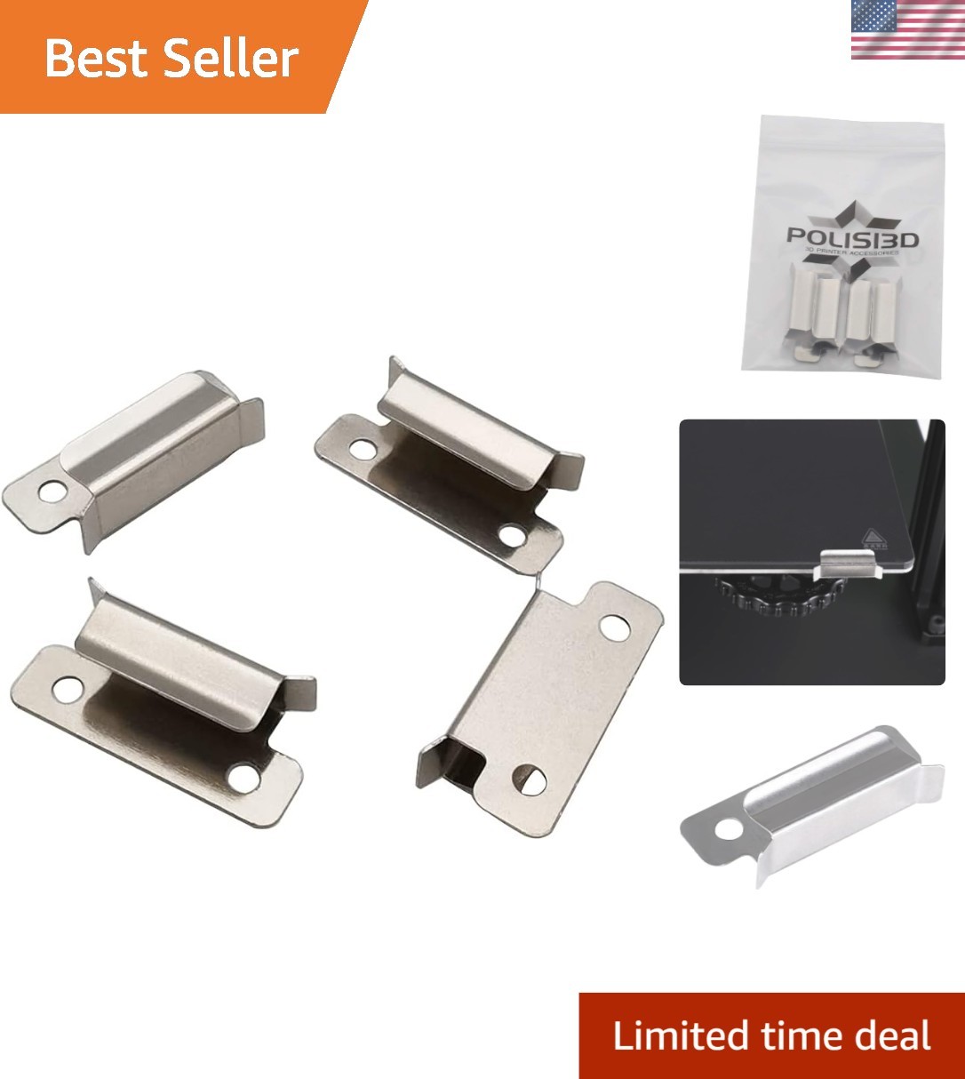 Essential 4-Pack Stainless Steel Bed Clips for 7mm 3D Printer Platforms
