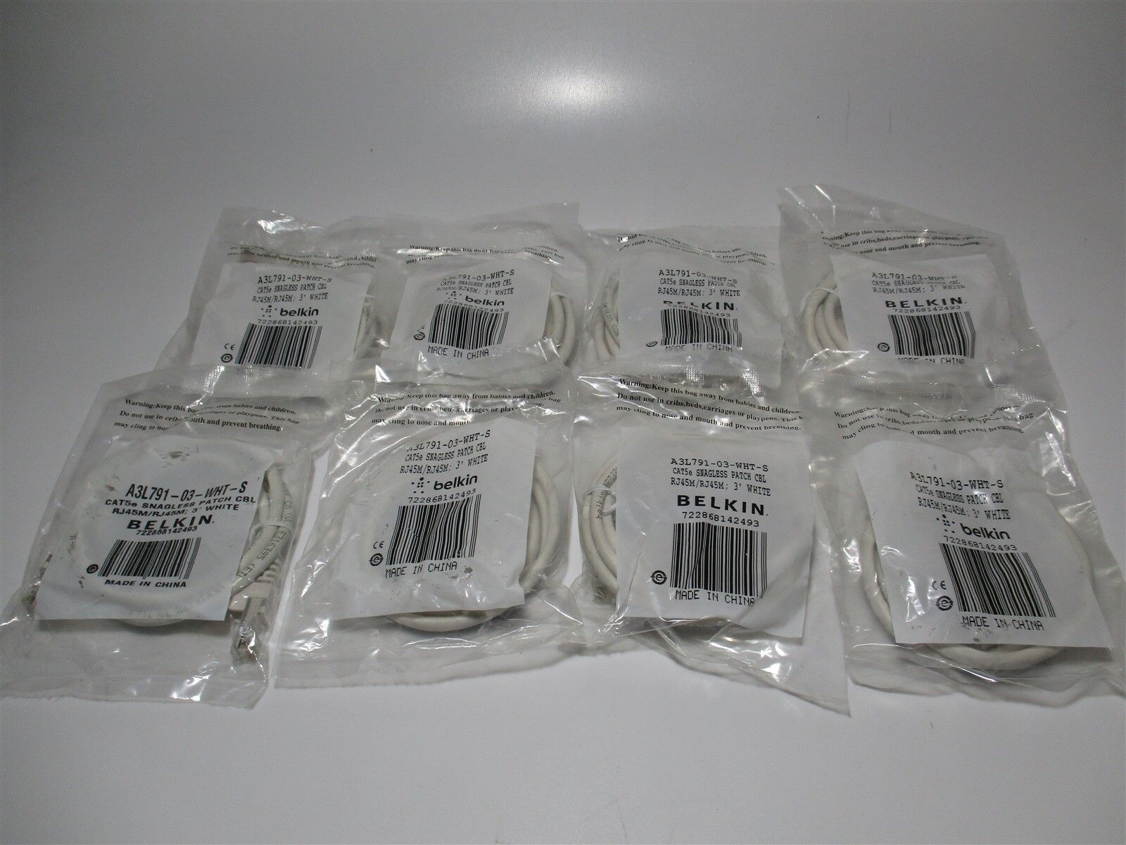 Belkin (A3L791-03-WHT-S) 3-Ft White CAT5e RJ45 Network Patch Cable - Lot of 8