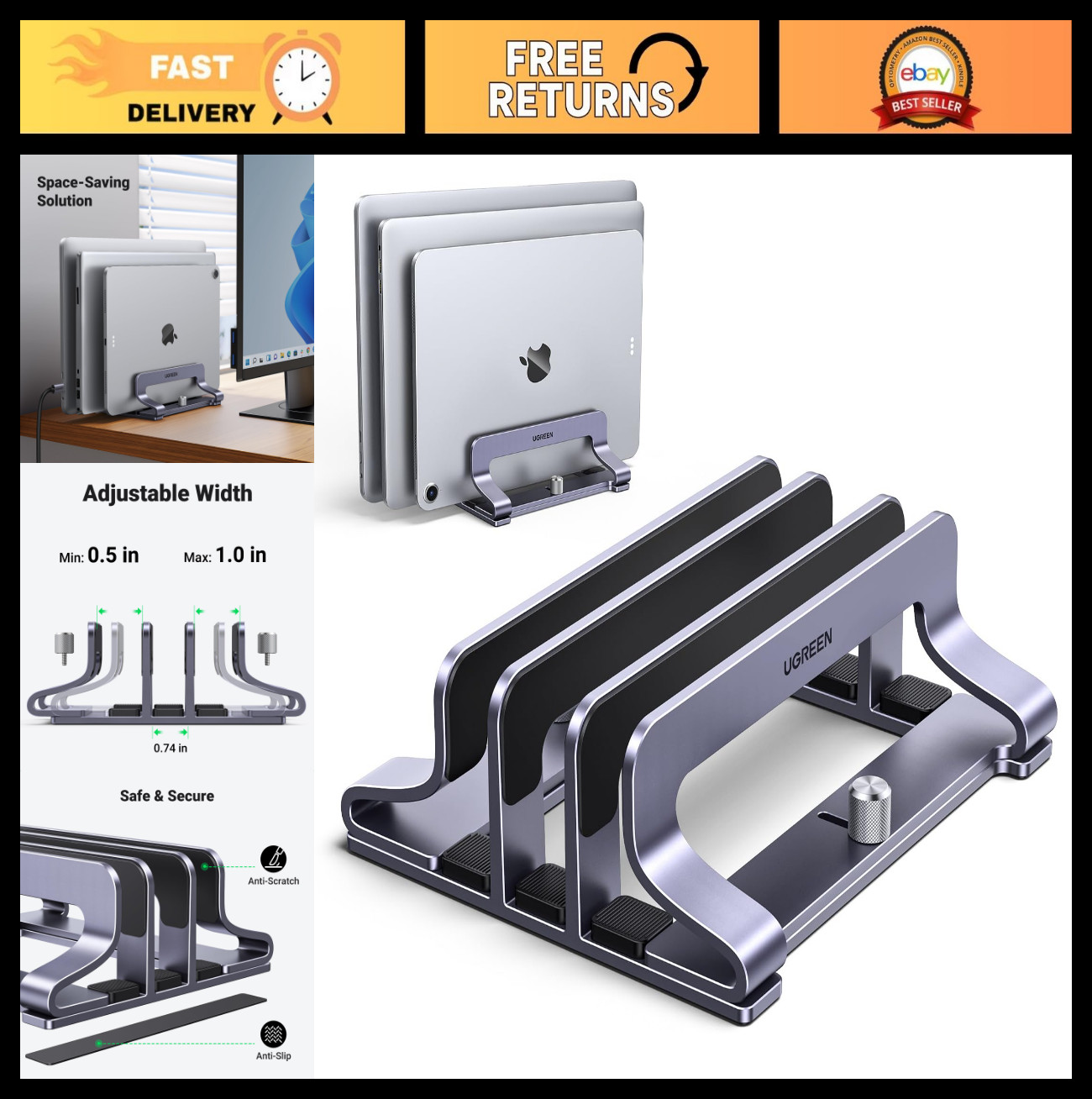 Adjustable 3-Slot Vertical Laptop Stand Holder for MacBook, Dell, HP, Lenovo, Up