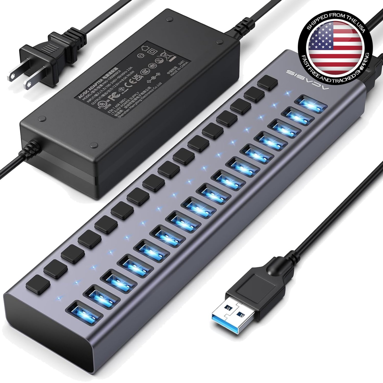 Durable 16-Port USB 3.2 Hub, 10Gbps Transfer & Fast Charging for All Devices