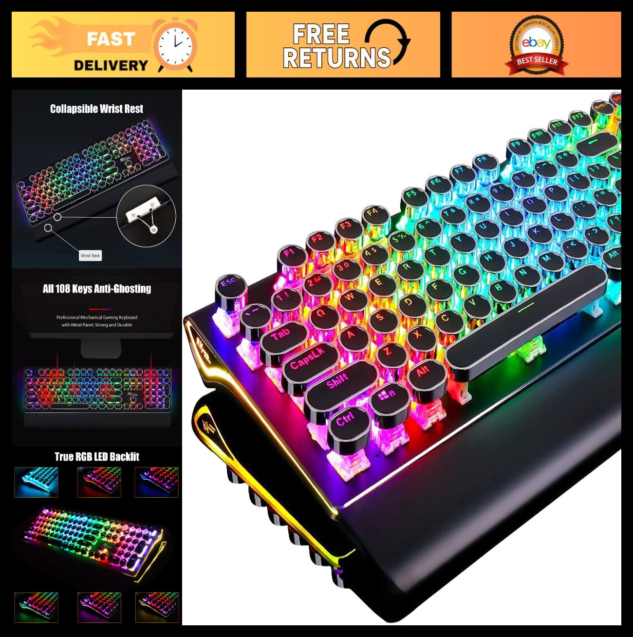 Retro Mechanical Typewriter Keyboard, 108 Keys RGB Backlit, Wired Gaming, Round