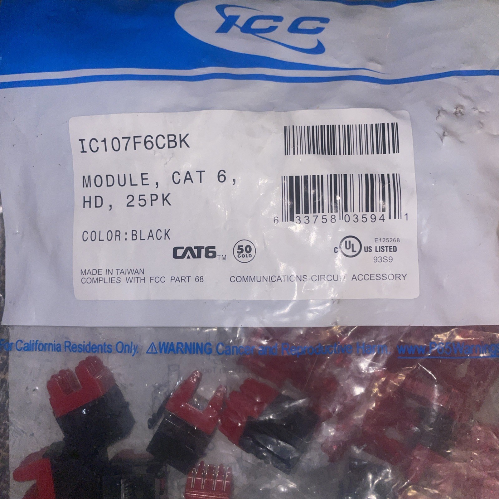 Icc IC107F6CBK Module, Cat 6, Hd, 25pk, Black