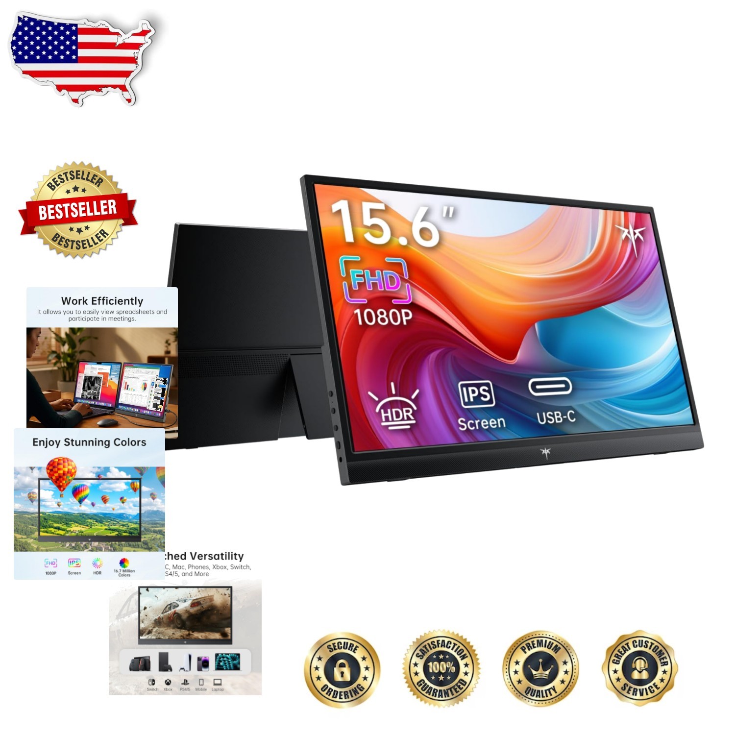 15.6" FHD 1080P Portable Monitor IPS HDR 178° Viewing Angle Travel