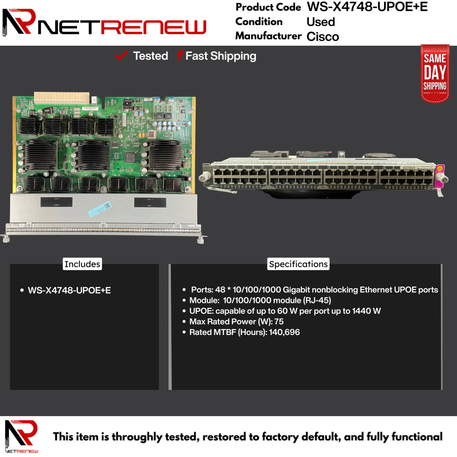 Cisco WS-X4748-UPOE+E 48-Port UPOE RJ45 Module/Line Card
