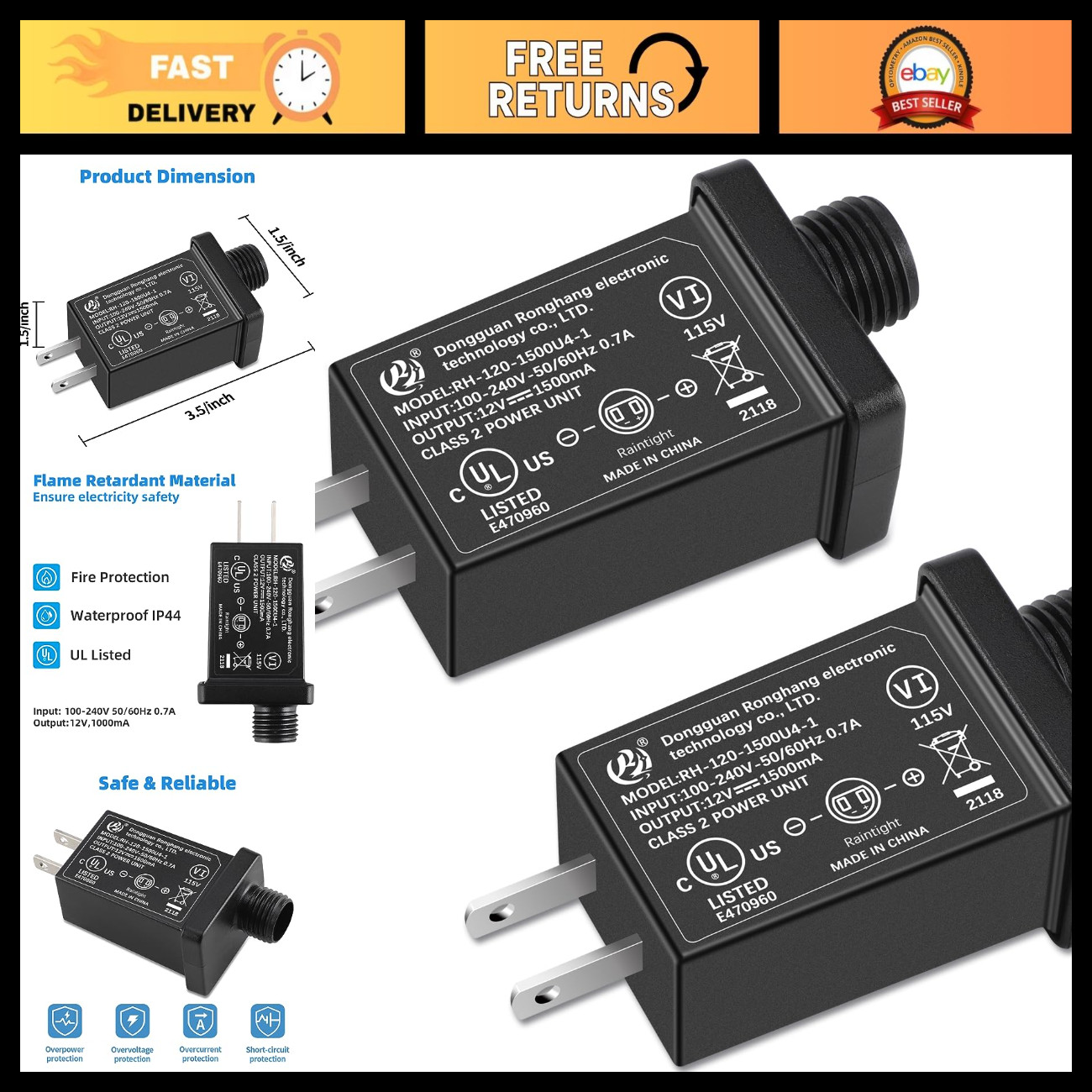 2Pack Inflatable Adapter 1.5A Transformer US Plug for Holiday Yard Decor, Class
