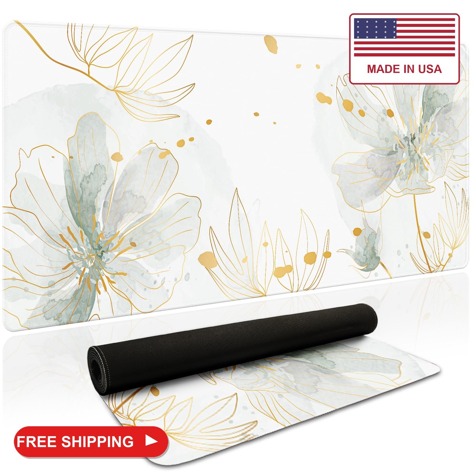 HUADO Green Desk Mat, Aesthetic Floral Large Mouse Pad, 35.4 x 15.7 Inch XXL Key