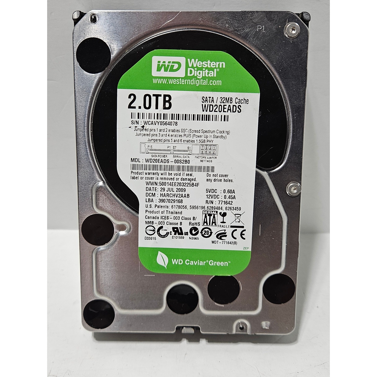 Western Digital Caviar Green 2.0TB Hard Drive WD20EADS SATA 32MB Cache Untested