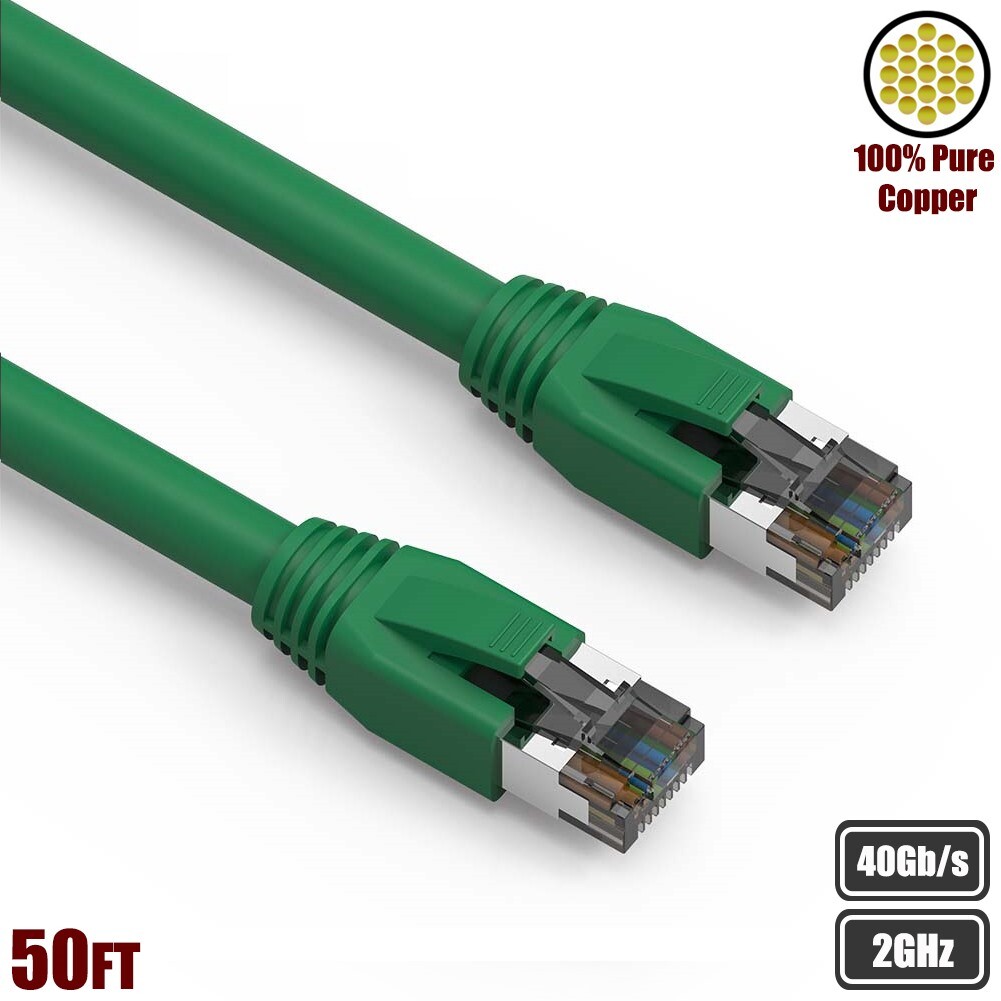 50FT CAT8 RJ45 Network LAN Ethernet S/FTP Cable Copper Wire 2GHz 40Gbps Green