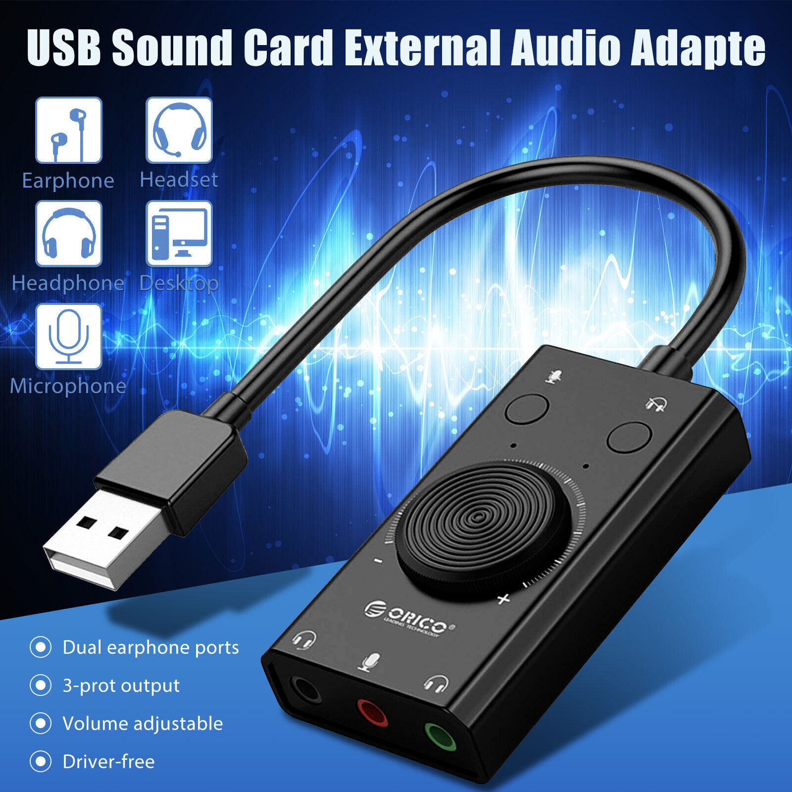 3Port USB Sound Card 7.1 Channel External Audio Adapter 3.5mm Stereo Headset Mic