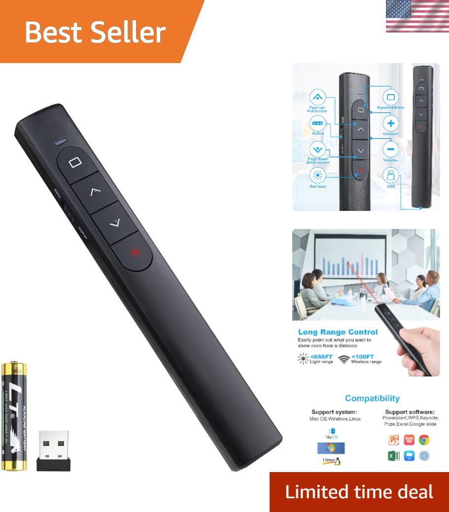 Bright Red Laser Wireless Presentation Clicker - Ideal for Meetings & Teaching