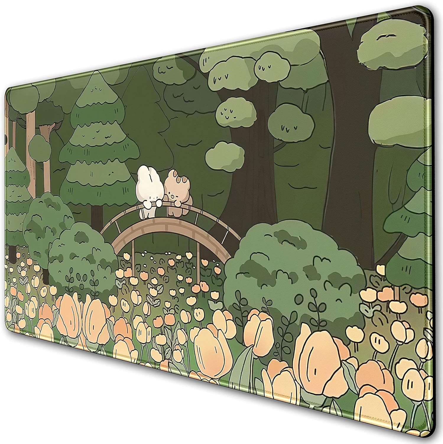 Anime Forest Desk Mat,Cute Green Mouse Pad,Kawaii Aesthetic Full Desktop Pad XXL