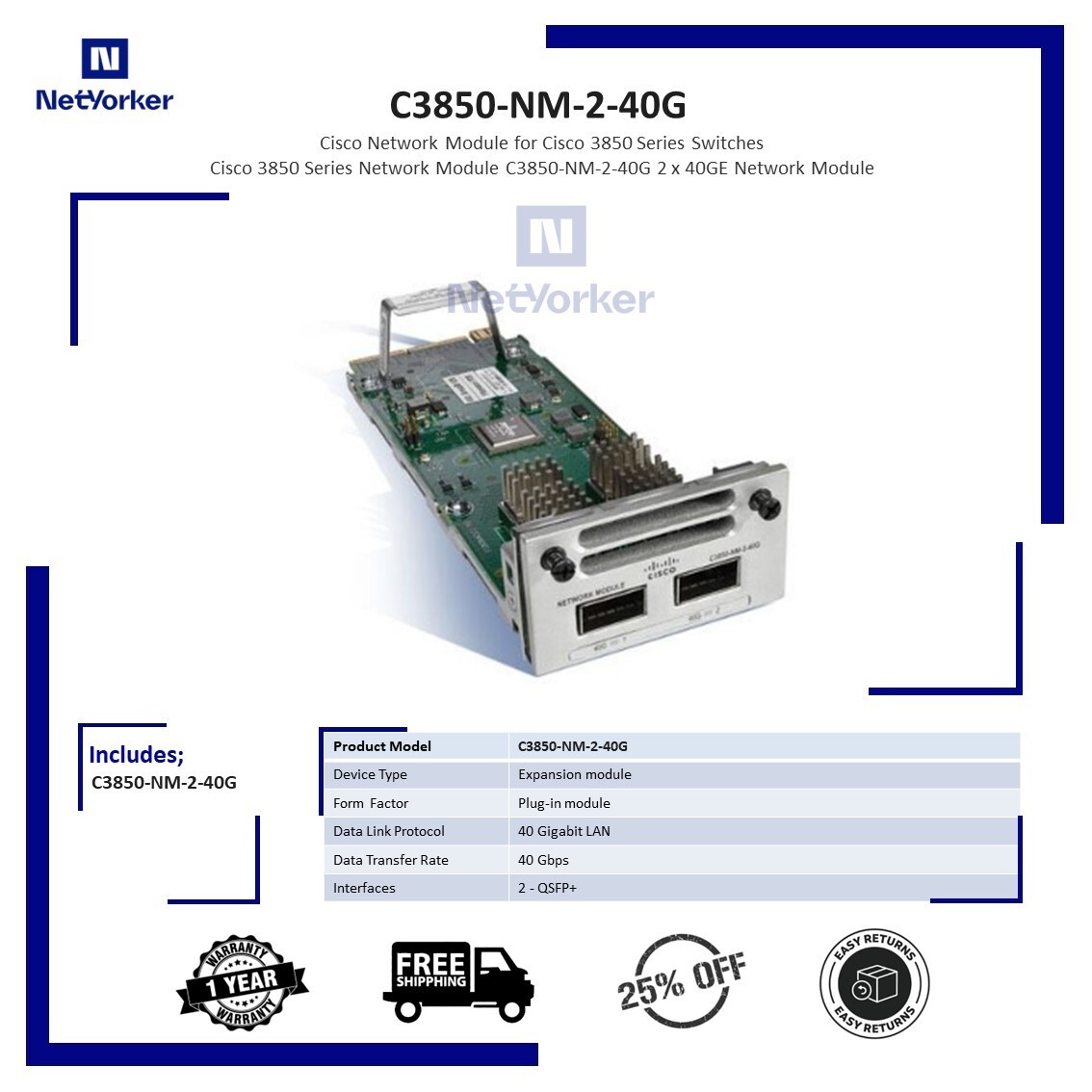 Cisco C3850-NM-2-40G 2-Port 40GB QSFP Module -Same Day Shipping