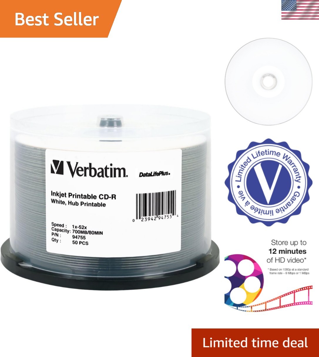 CD-R 700MB 52X DataLifePlus White Inkjet Printable, Hub Printable - 50pk Spin...