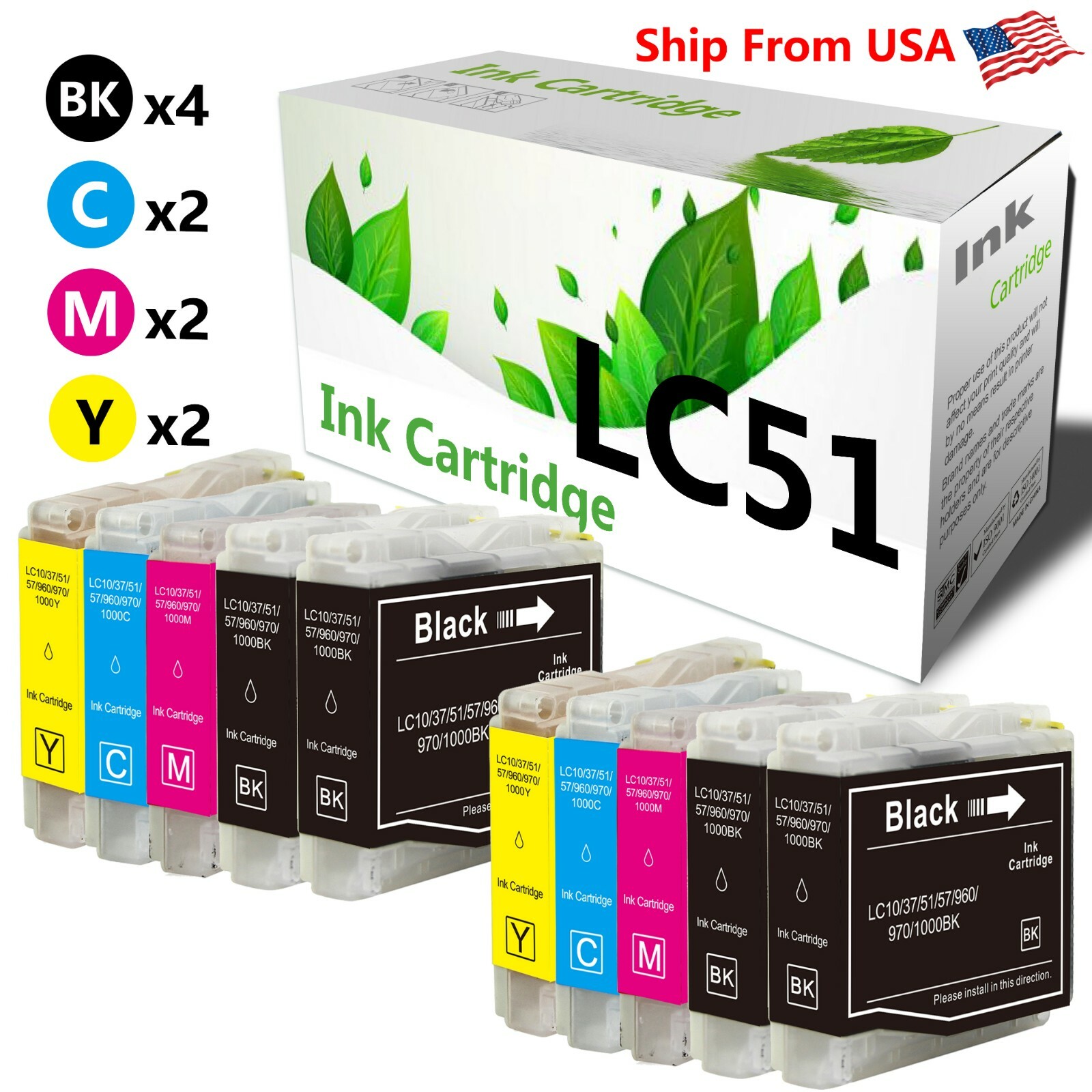 10PK LC51 LC-51 Ink Cartridge for DCP-130C DCP-330C DCP-350C MFC-465CN Printer