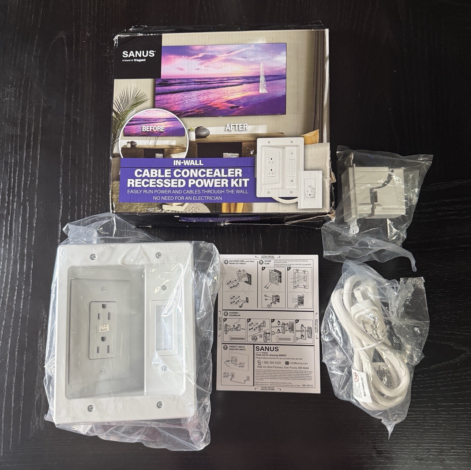 Sanus Legrand In-Wall Cable Concealer Recessed Power Kit for Mounted TVs white