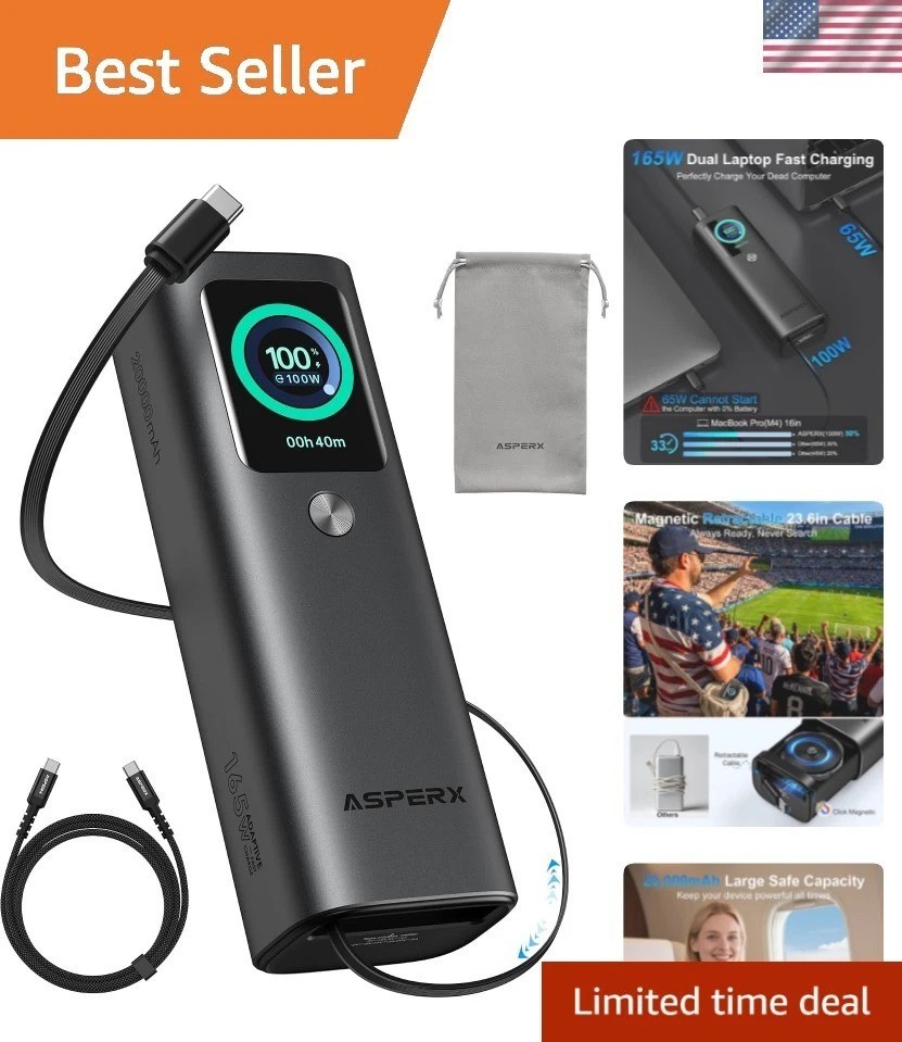 Laptop Power Bank, 165W 20,000mAh Retractable Cable Aluminum Unibody