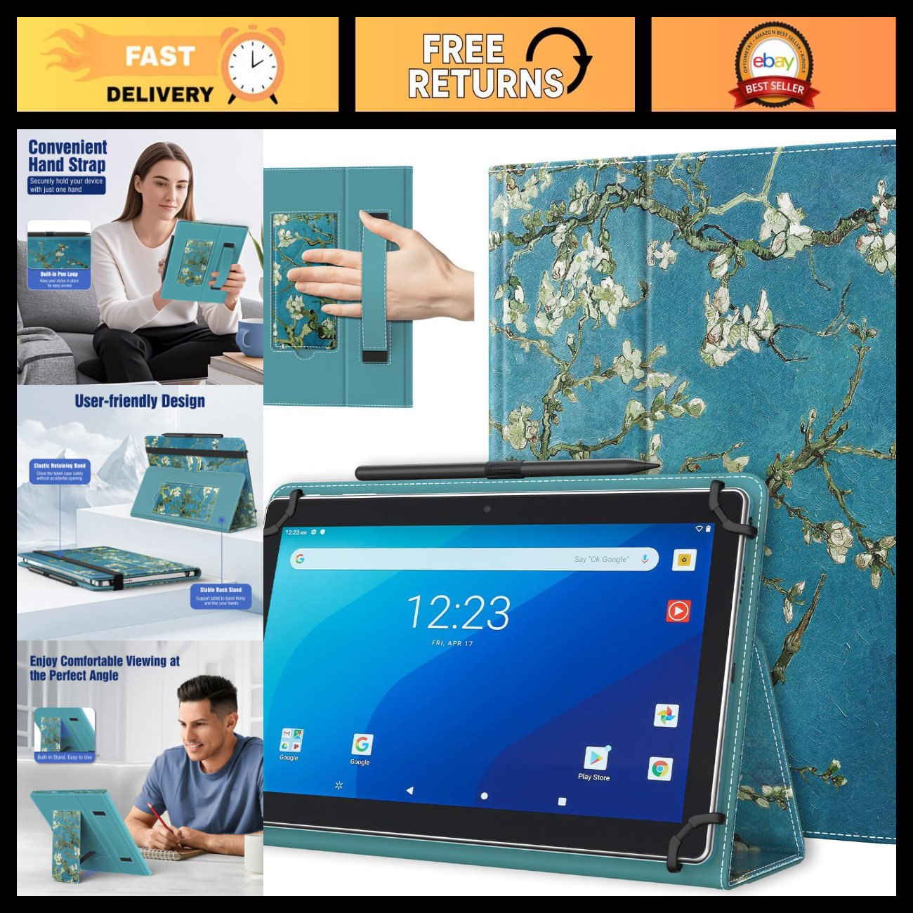 Universal 10.1 Inch Tablet Case, Stylish Apricot Blossom Design, Slim & Durable