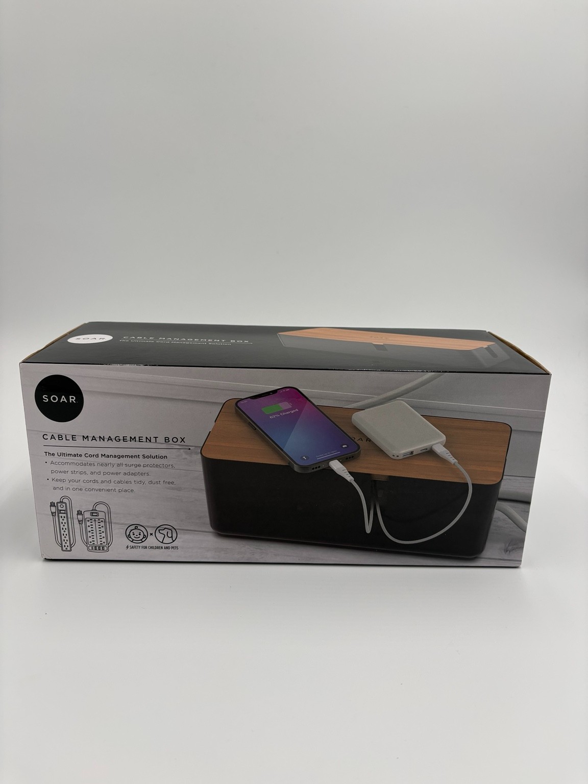 SOAR Cable Management Box Bamboo Lid Cord Organizer Power Strip Cover New 12"