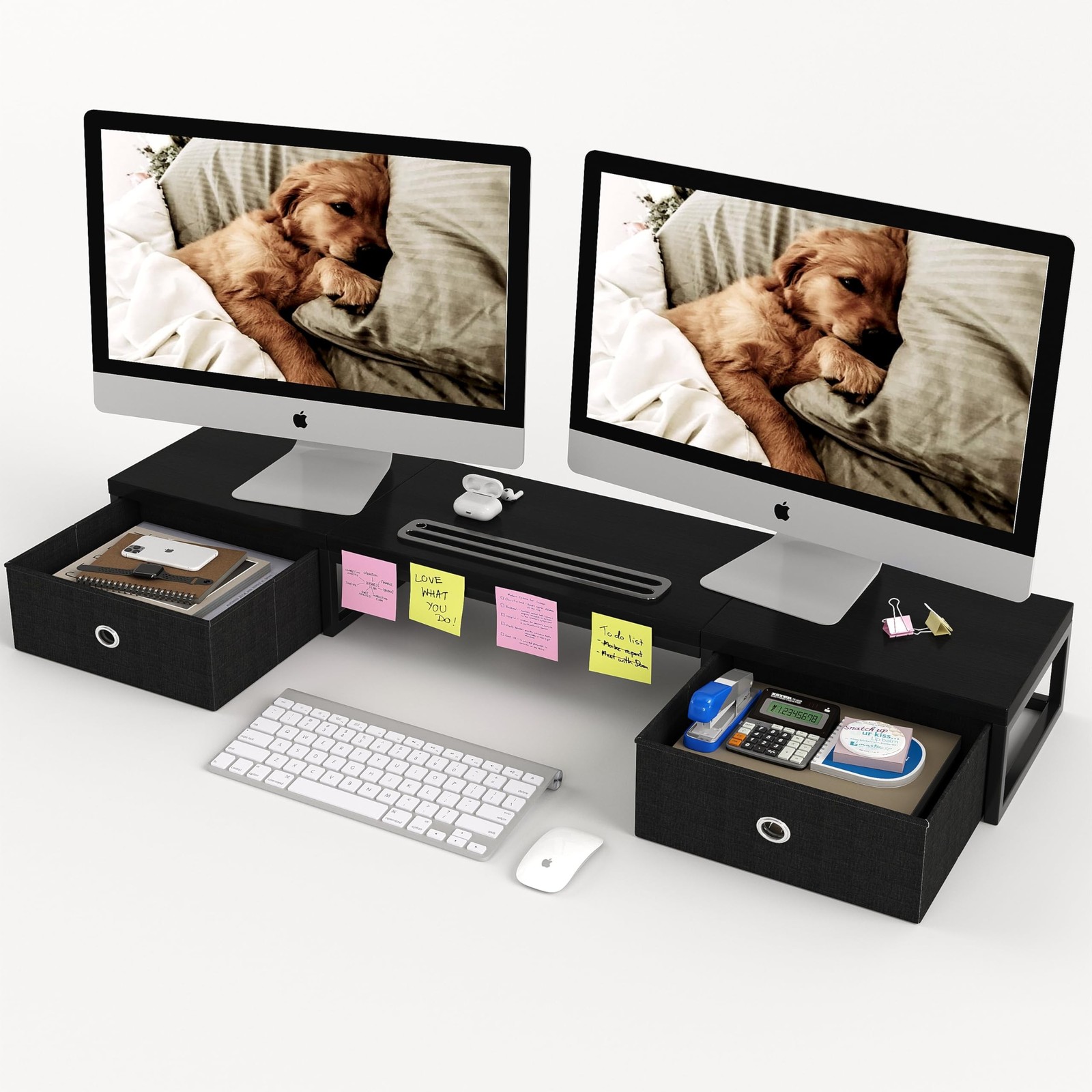 39 Inch Dual Monitor Stand Riser with 2 Drawers - Large Black Wooden Computer...