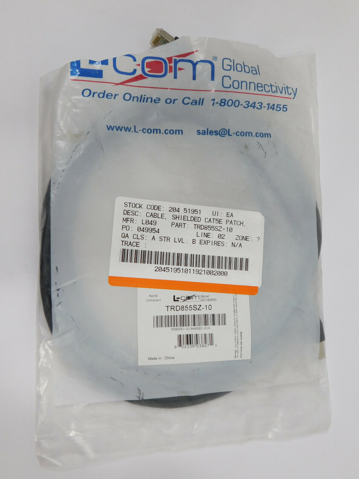 L-Com TRD855SZ-10 10 foot Shielded Patch Cable Opened Packaging