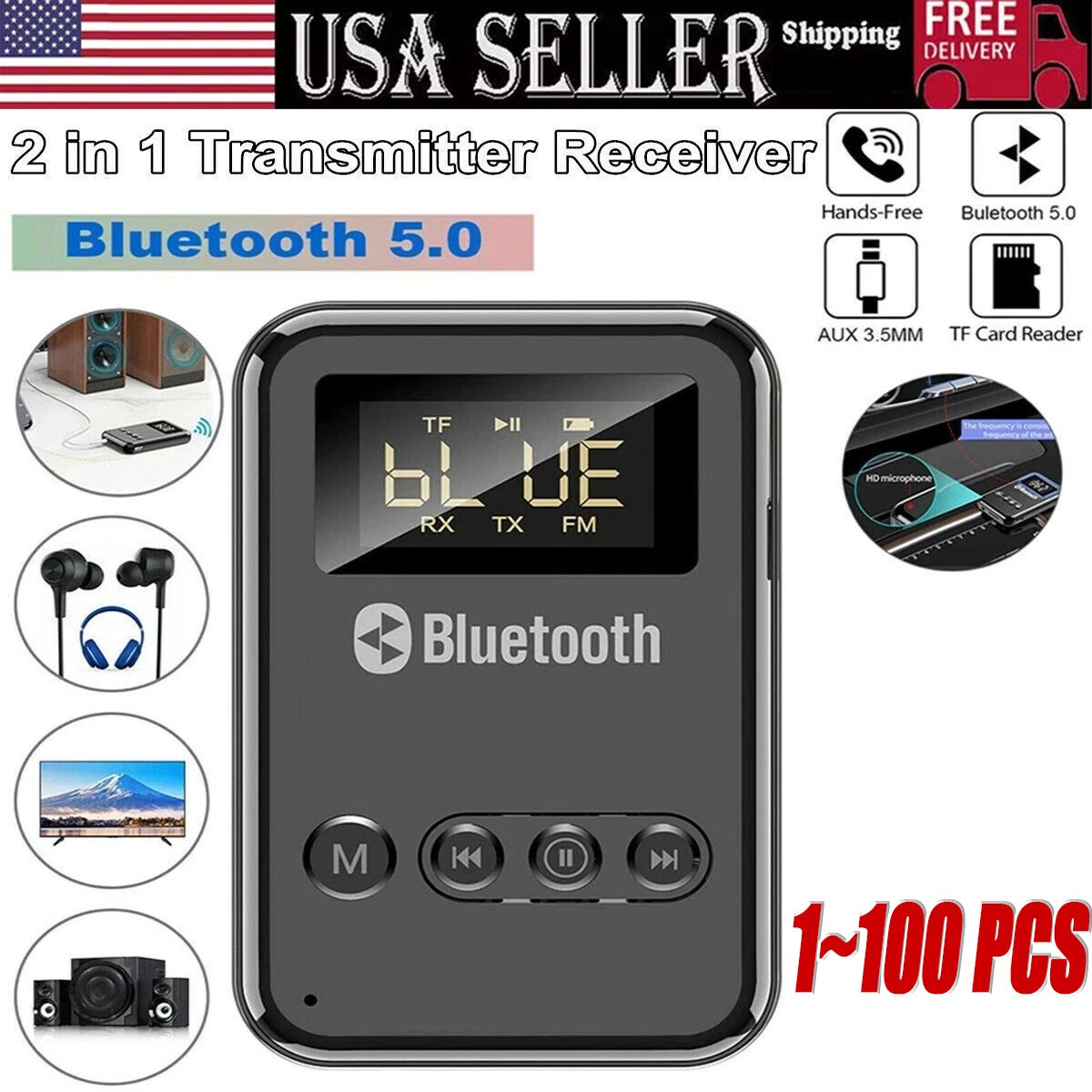 USB Bluetooth 5.0 Transmitter Receiver 4in1 Wireless Audio 3.5mm Aux Car LOT