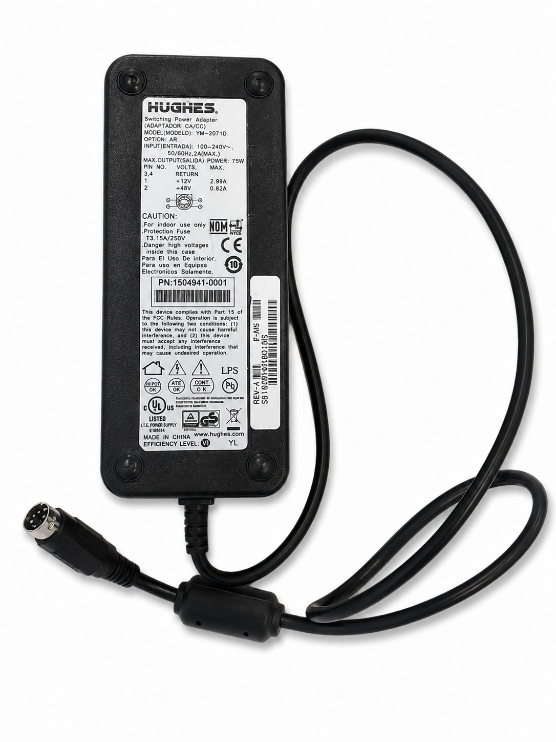 Hughes YM-2071D 75W Power Supply Adapter P/N 1504941-0001 12V/48V 4-Pin DIN