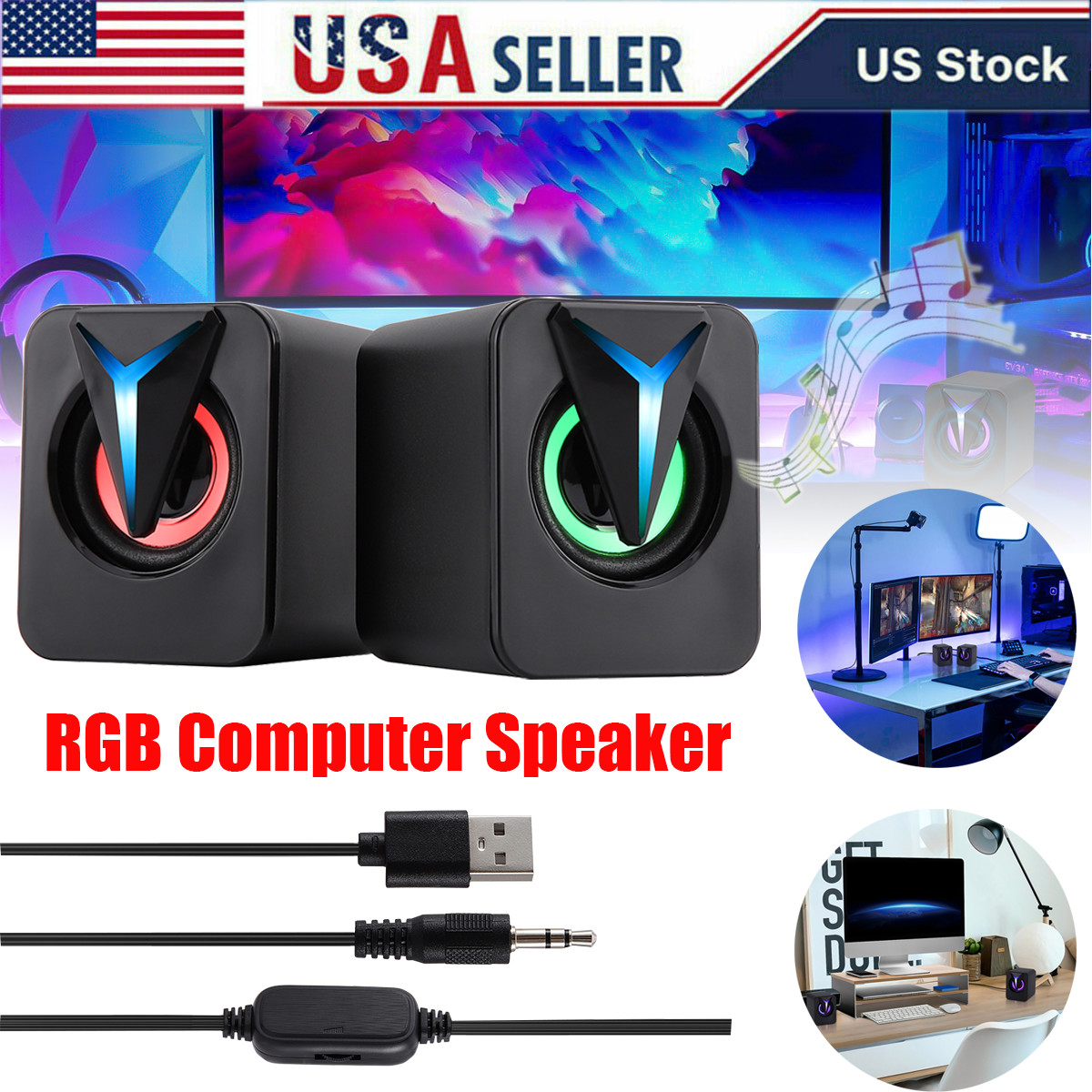 3.5mm USB RGB LED Computer Speakers Wired Stereo Bass for PC Laptop Desktop US