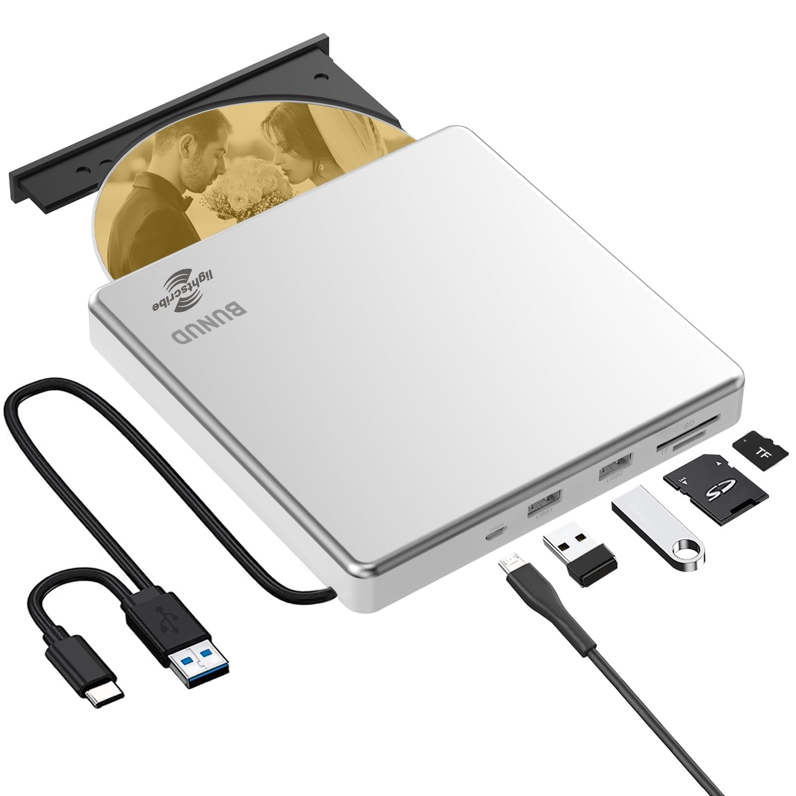 External LightScribe CD DVD Burner USB 3.0 USB-C SD TF Reader 2 USB Ports Silver