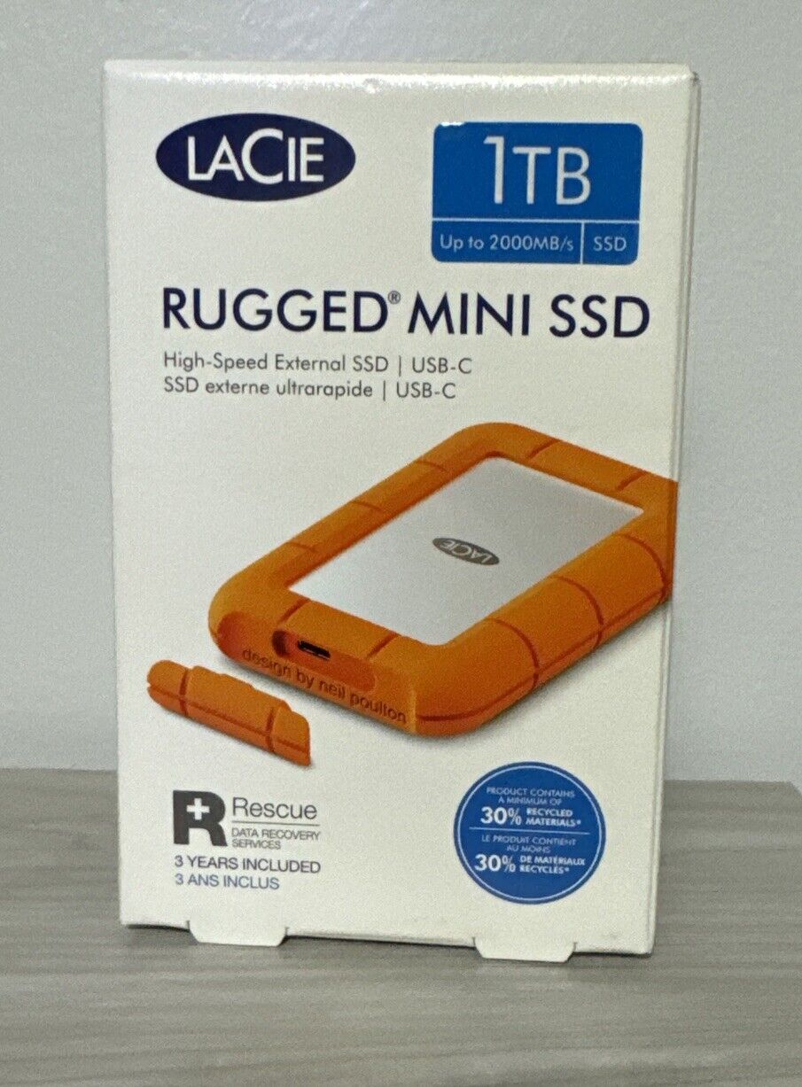 LaCie Rugged Mini SSD 1TB Solid State Drive - USB 3.2 Gen 2x2, speeds up to 2...