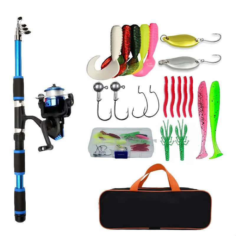 Kit completo de caña de pescar con caña telescópica y carrete giratorio