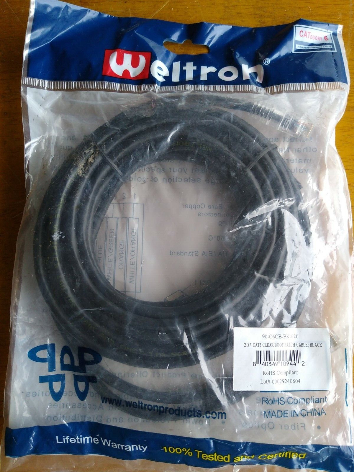 Weltron Cat 6 Clear Boot Patch Ethernet Cable 20 ft Black Cat6 NEW