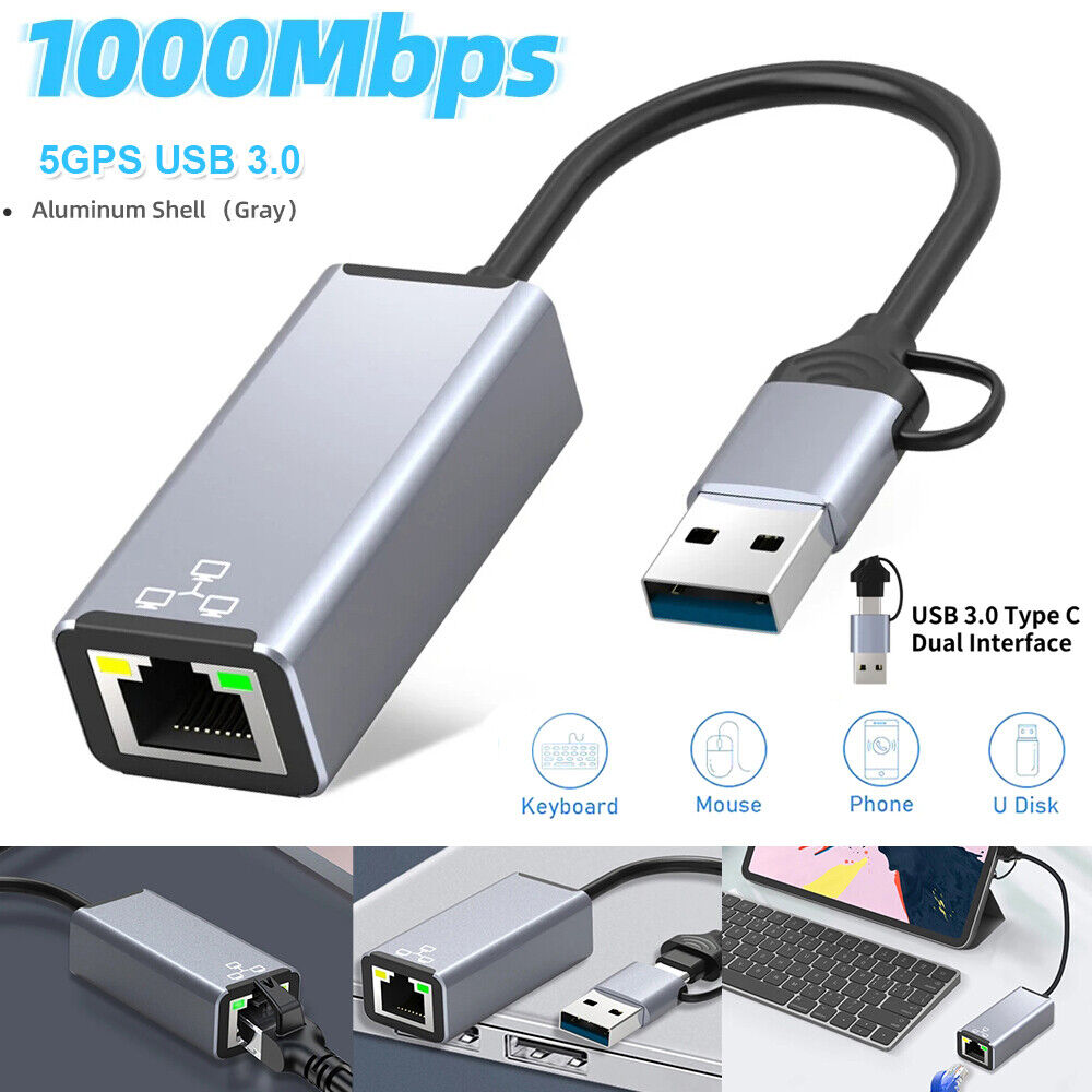 2 in 1 USB Type C to RJ45 External Adapter USB 3.0 to Ethernet for PC Laptop