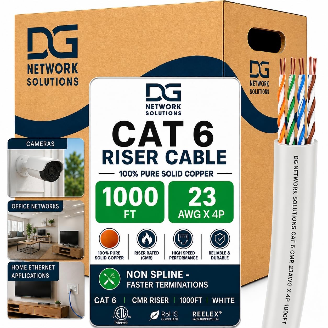 DG Cat6 Riser (CMR), Unshielded, 23AWG, 1000ft White Cat6 Riser (No Spline)