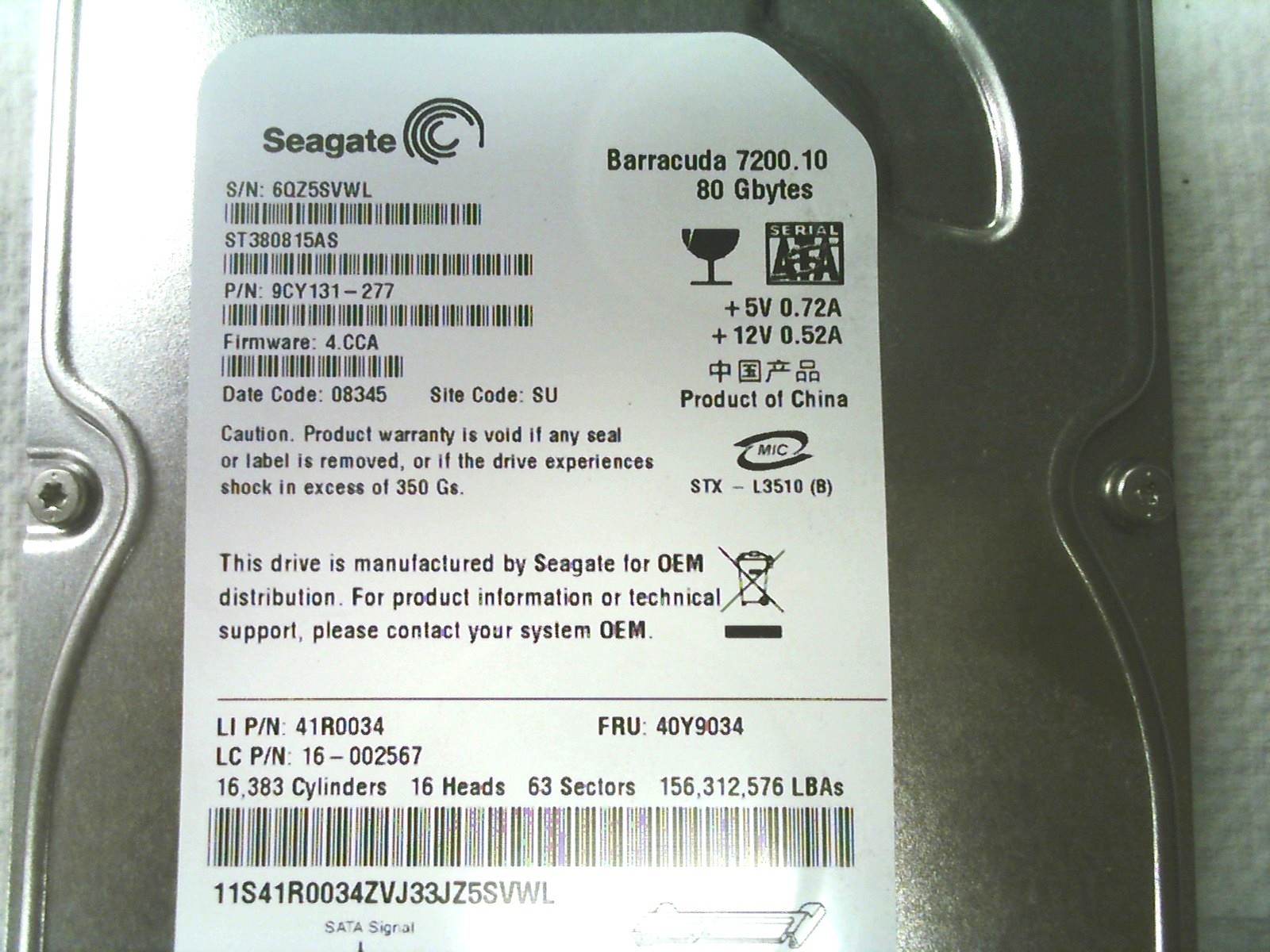 IBM 40Y9034 41R0034 80GB Seagate ST380815AS 9CY131-277 4.CCA 08345 SATA HDD
