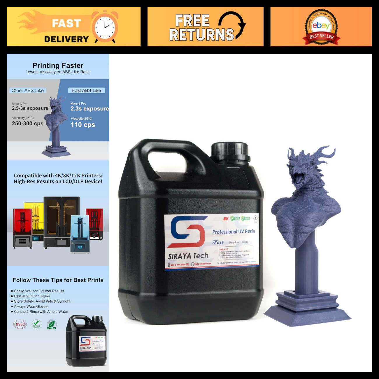 High-Quality Fast ABS-Like 3D Printer Resin, Non-Brittle, Navy Grey, 2kg