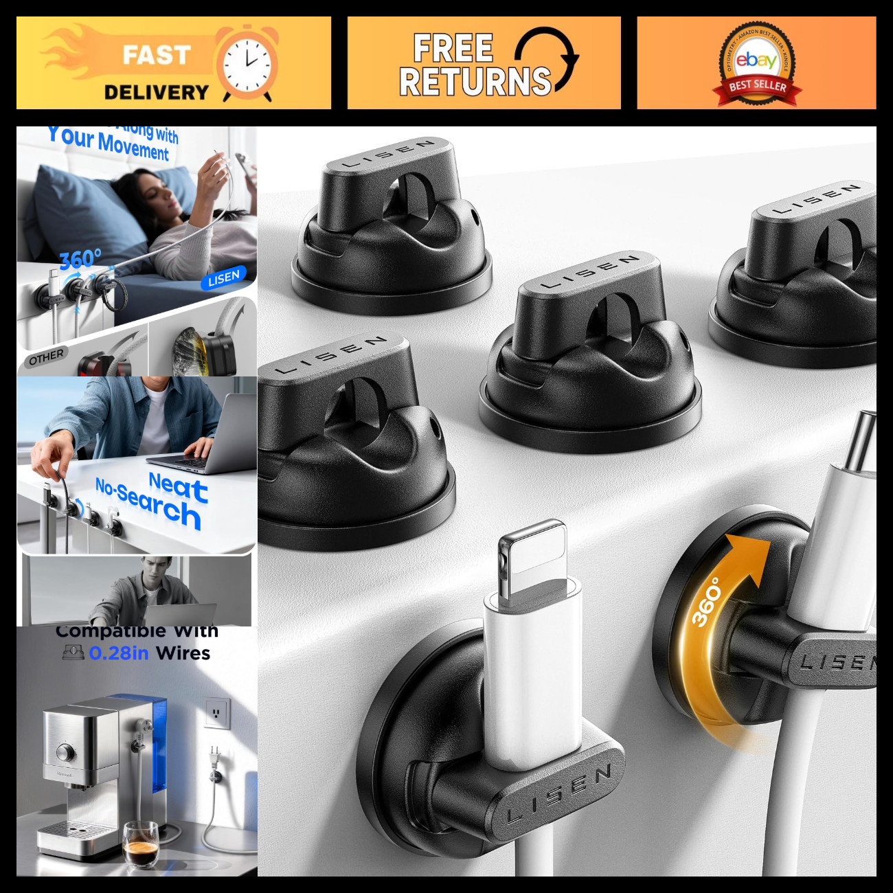 6-Pack 360° Rotating Cord Holder Clips for Nightstand, Magnetic Cable Organizer