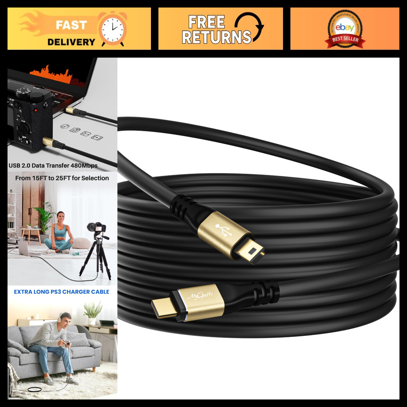 25FT USB C to Mini USB Cable, Extra Long 5-Pin Type 2.0 Charger Cord, Fast Data