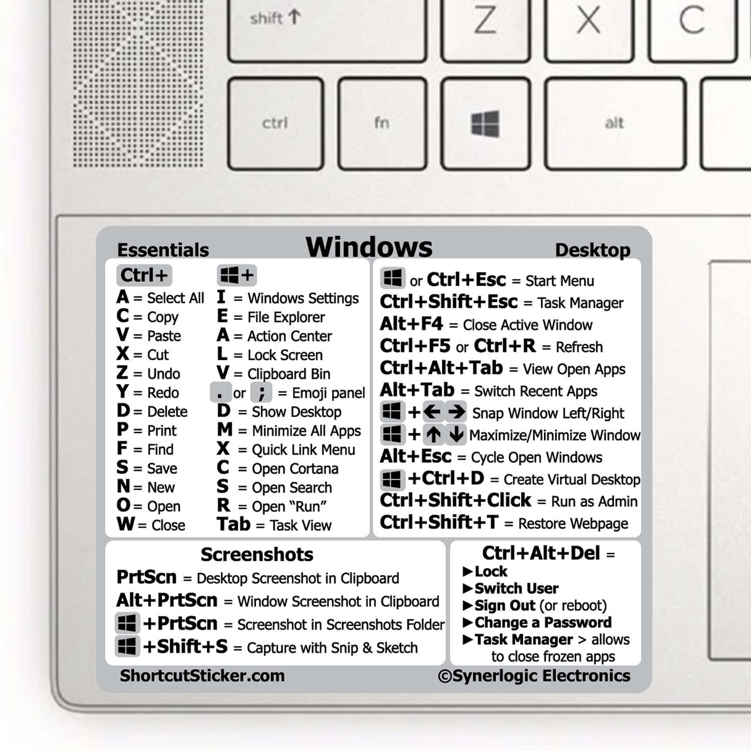 SYNERLOGIC Windows PC Shortcuts Durable Vinyl Sticker size LG for 15" laptop