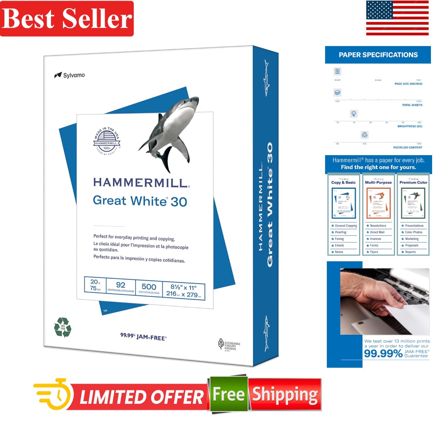 Printer Paper, Great White Recycled 8.5x11, 1 Ream, 500 Sheets, 92 Bright
