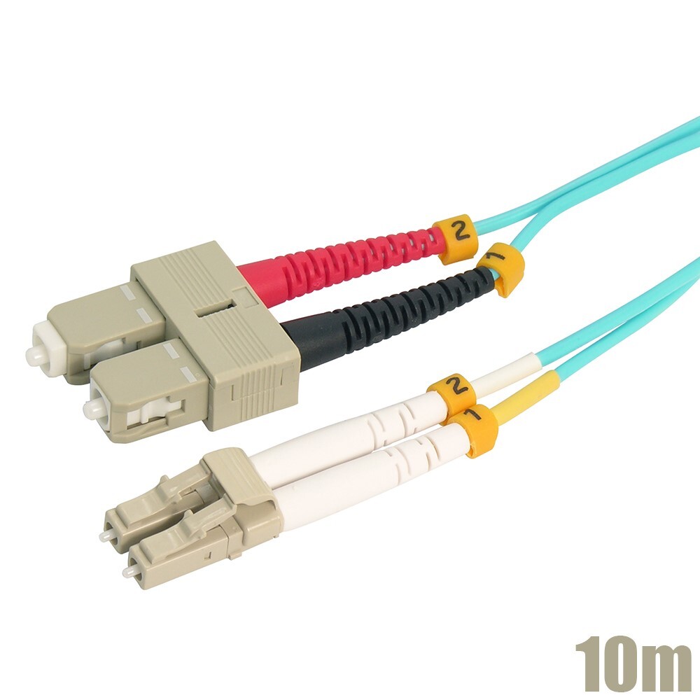 10M LC UPC to SC UPC Duplex 50/125 Multi Mode Fiber Optic Optical Cable OM4 Aqua