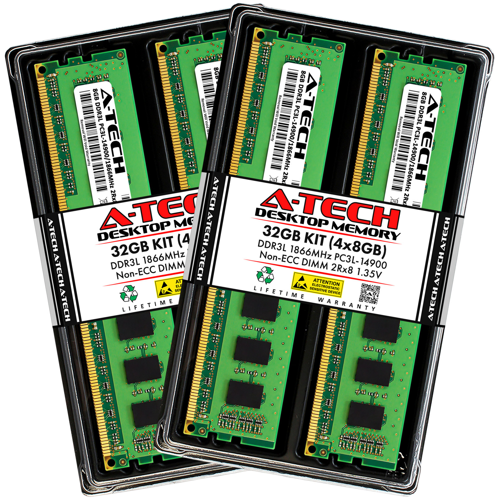 A-Tech 32GB (4 x 8GB) PC3-14900 Desktop DDR3 1866 MHz DIMM Memory RAM PC3L DDR3L
