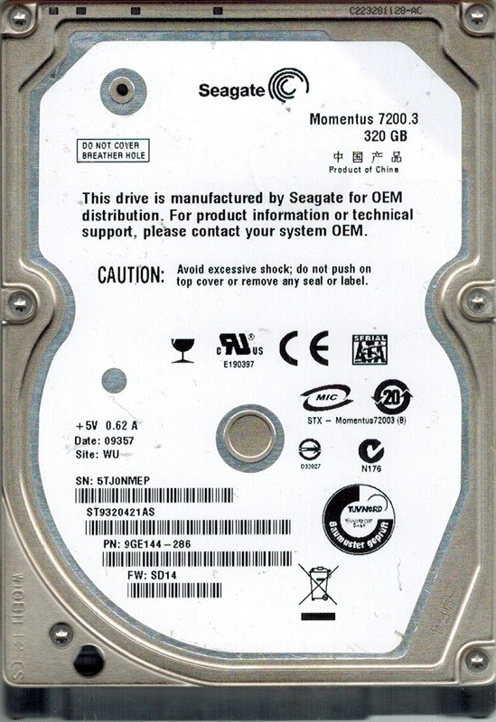 Seagate ST9320421AS P/N: 9GE144-286 F/W: SD14 320GB WU