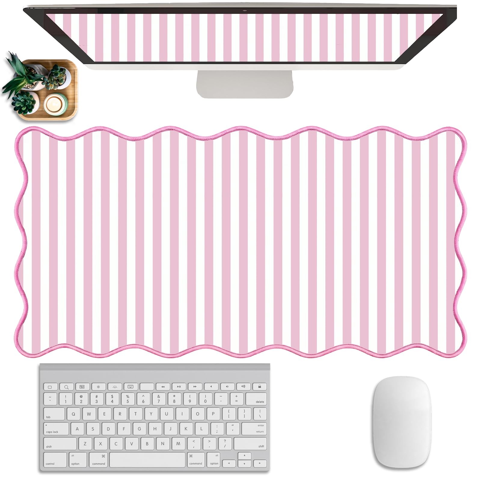Scalloped Desk Mat Extended Large Cute Striped Mouse Pad Big Desk Pad XXL Aes...